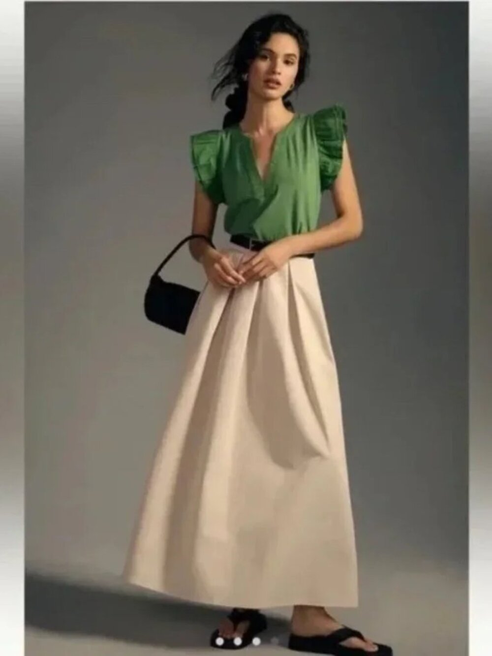 MAEVE ANTHROPOLOGIE RUFFLE SLEEVE GREEN TOP - Picture 3 of 11